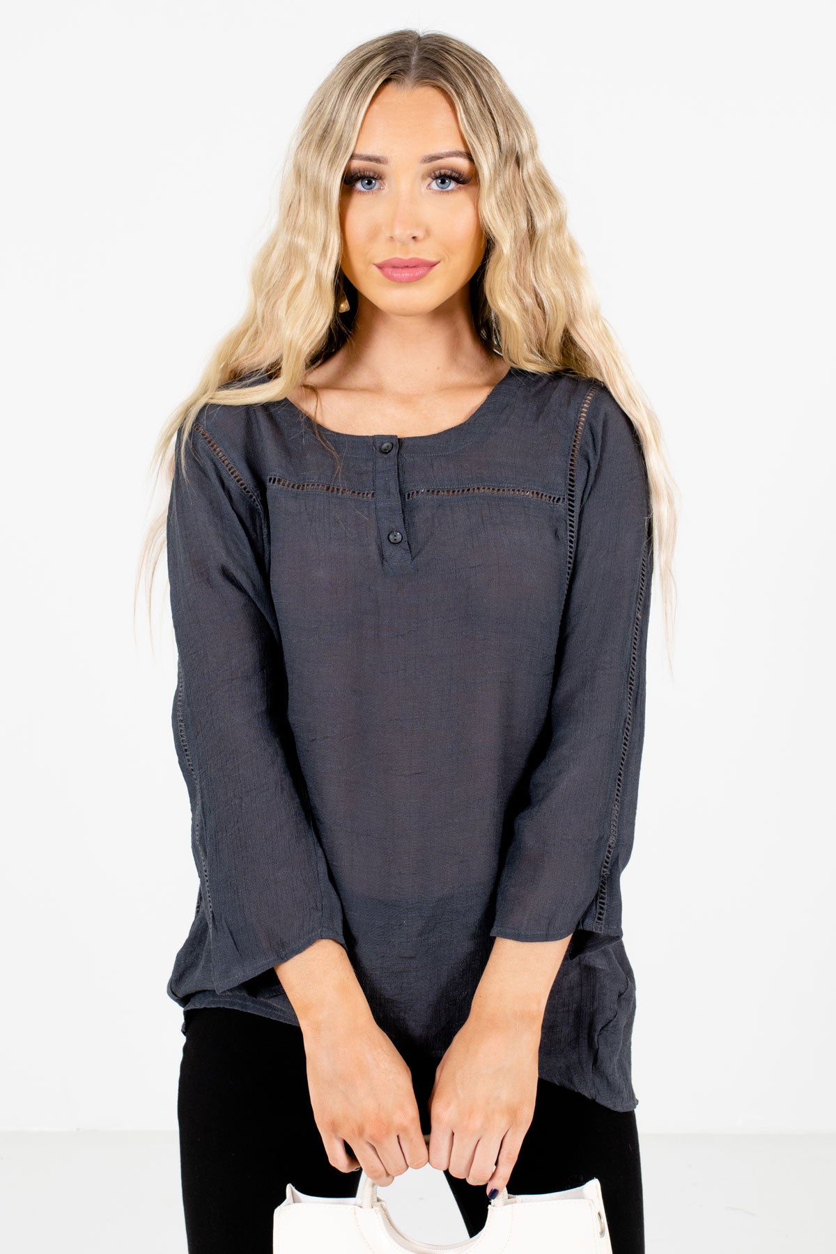 Charcoal Gray Ladder Lace Detailed Boutique Tops for Women