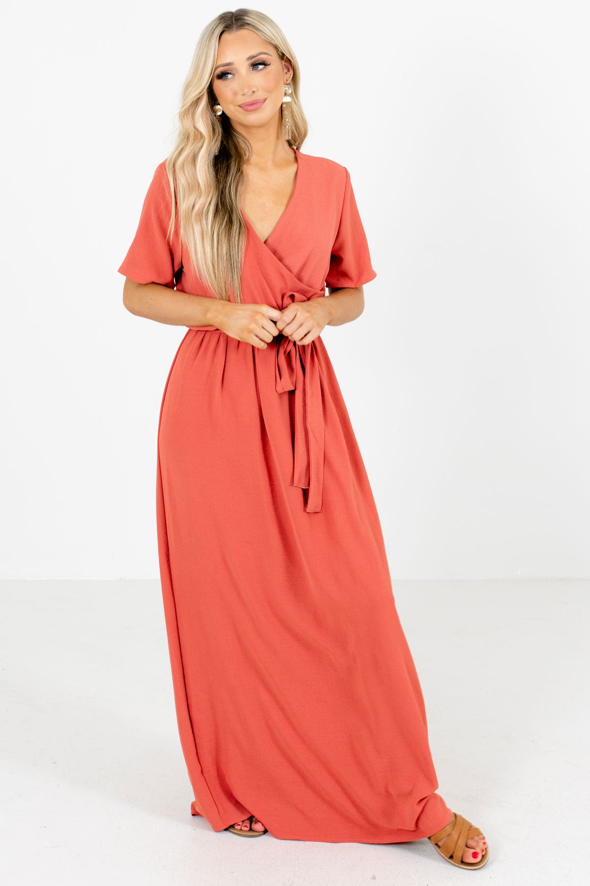 Coral Faux Wrap Style Boutique Maxi Dresses for Women