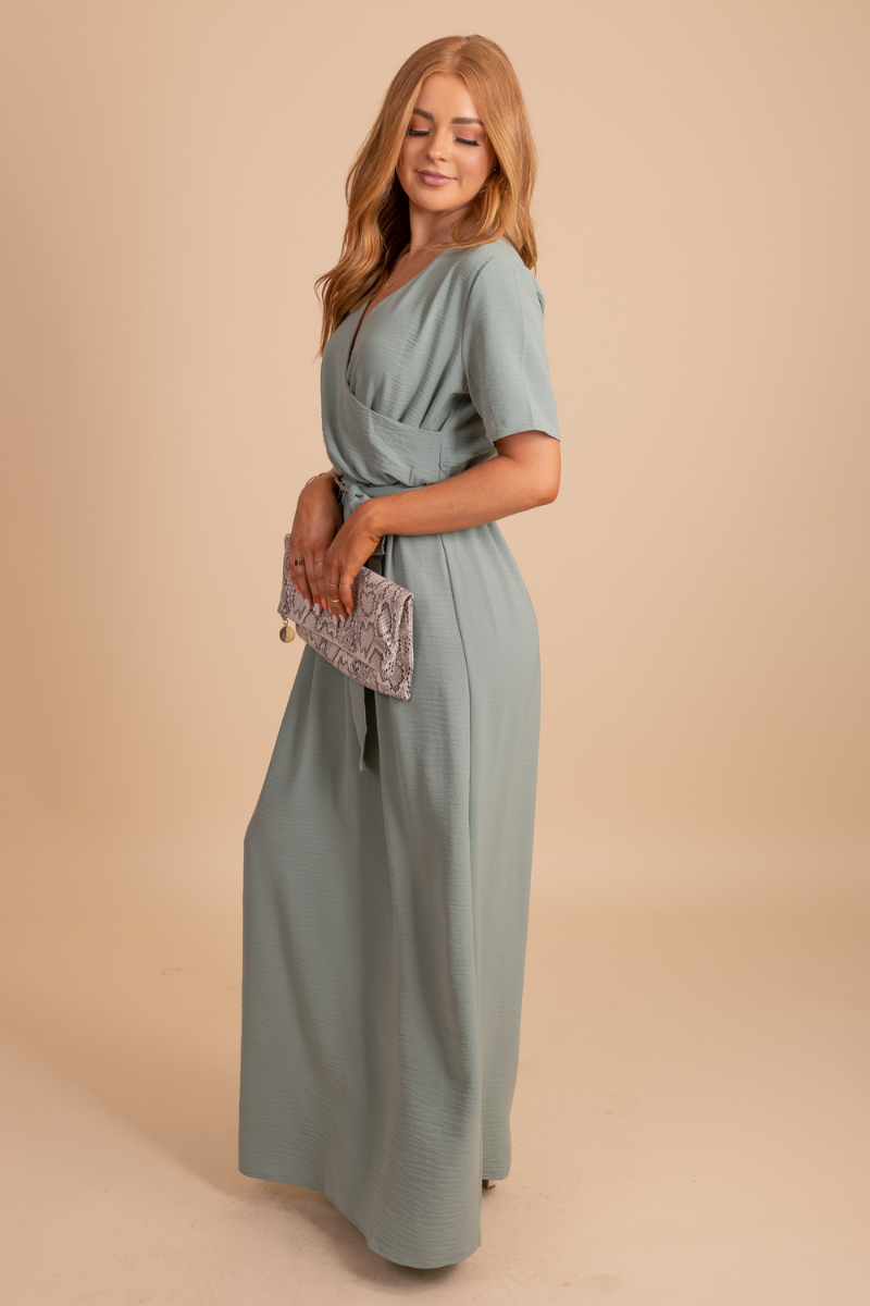 Sage Green Maxi Dress with Waist Tie and Short Sleeves