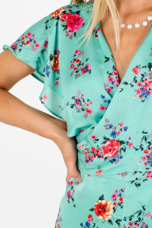 Green Satin Floral Wrap Tie Jumpsuits Affordable Online Boutique