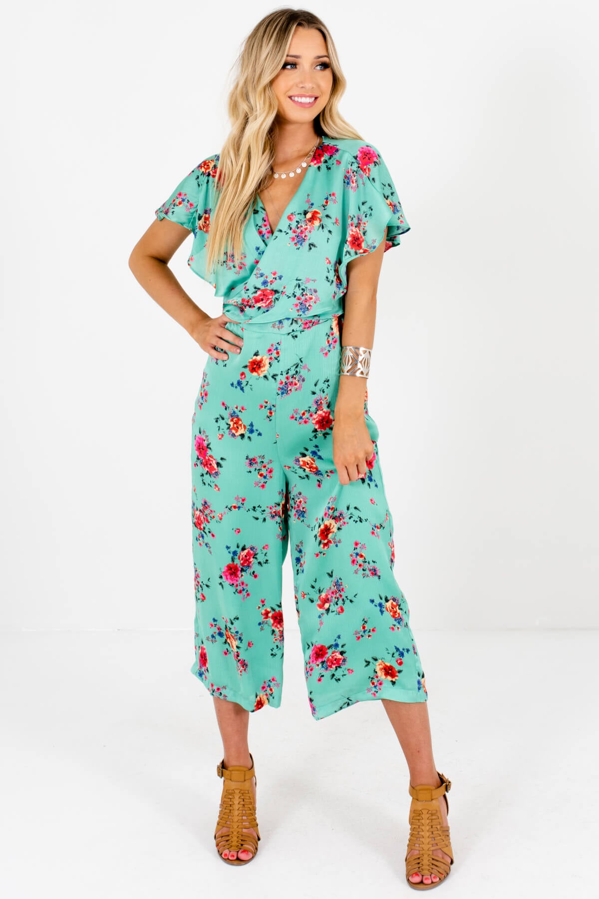 Green Silky Satin Floral Print Wrap Jumpsuits Affordable Online Boutique