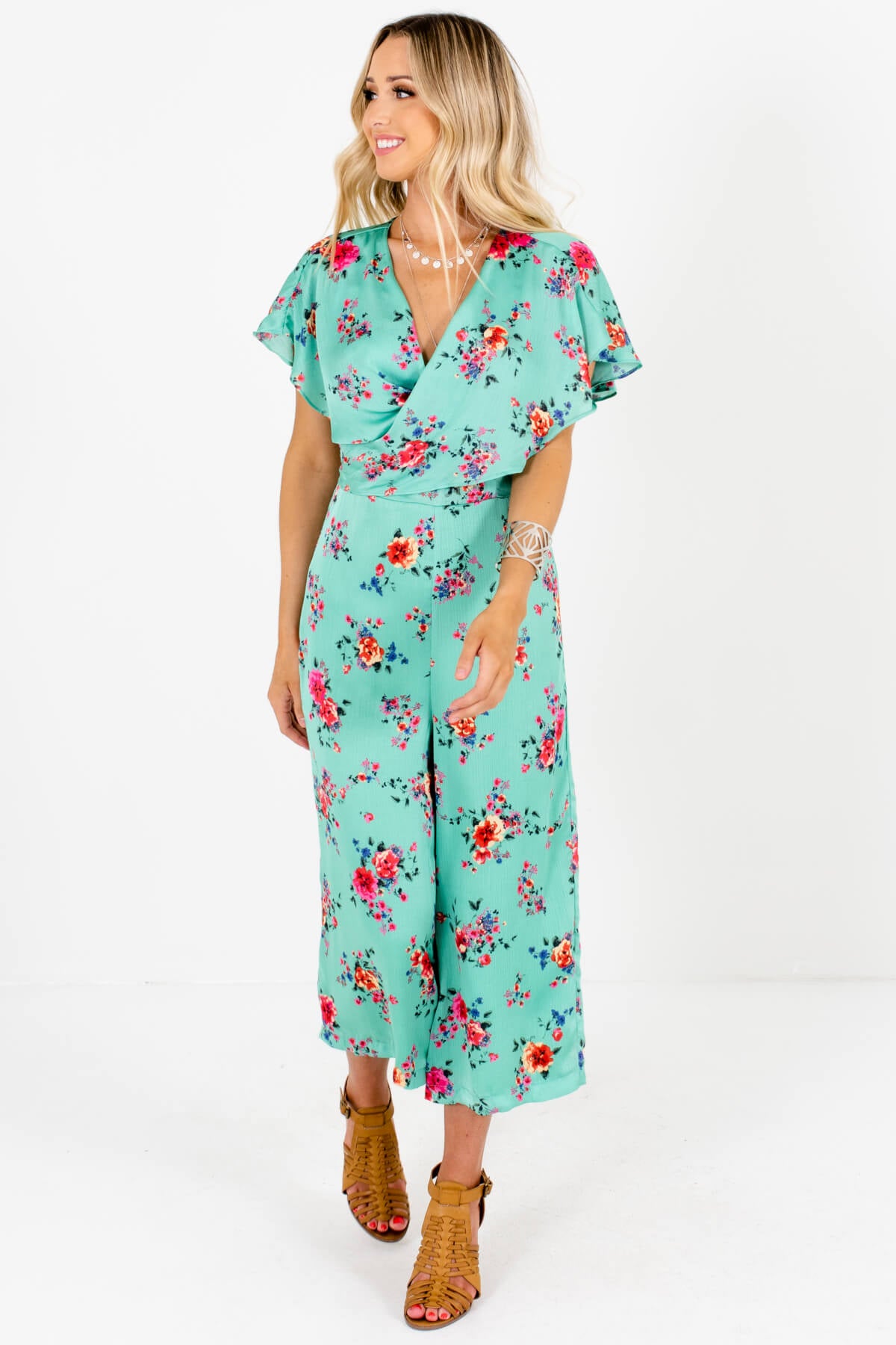 Jade Green Satin Floral Print Wrap Jumpsuits with Flutter Sleeves
