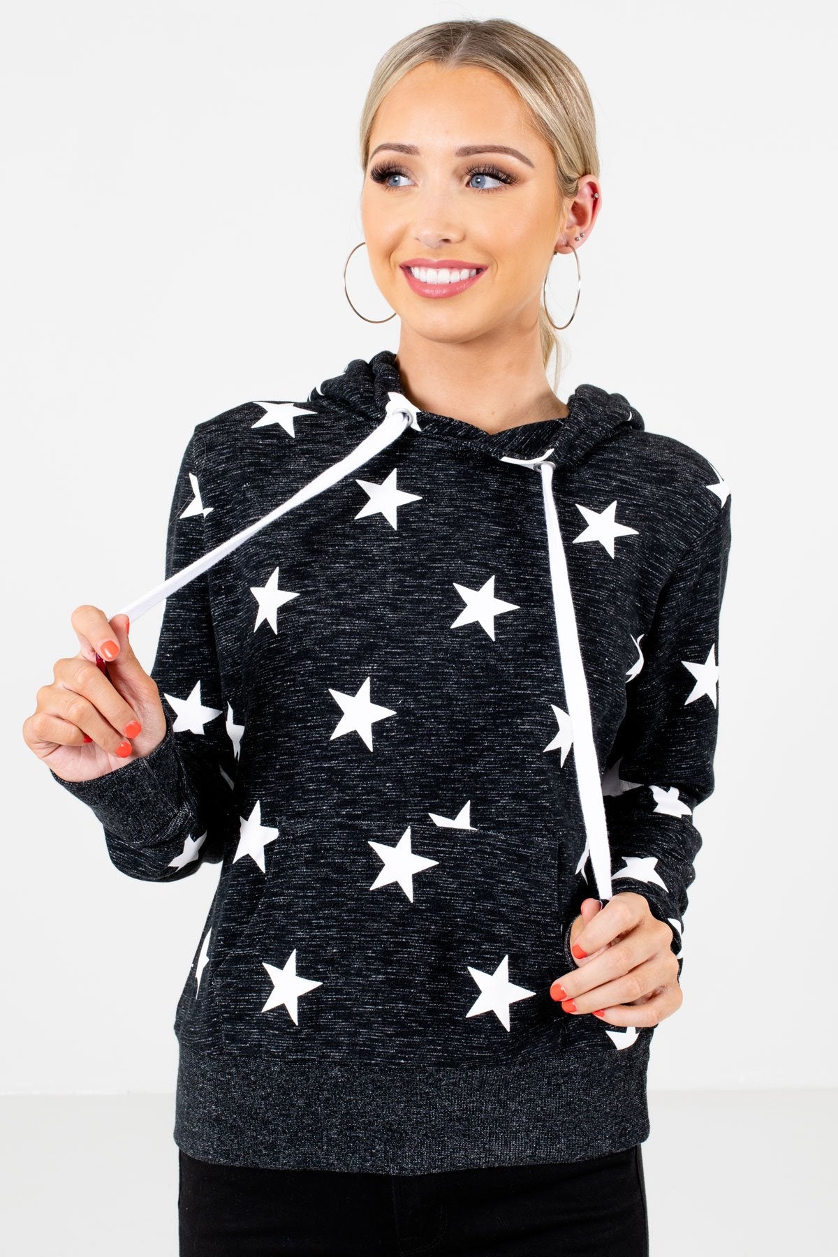 Heather Black and White Star Patterned Boutique Hoodies for Women