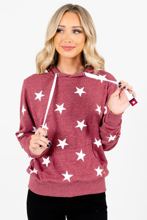   Brick Red and White Star Patterned Boutique Hoodies for Women