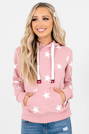 Pink and White Star Patterned Boutique Hoodies for Women