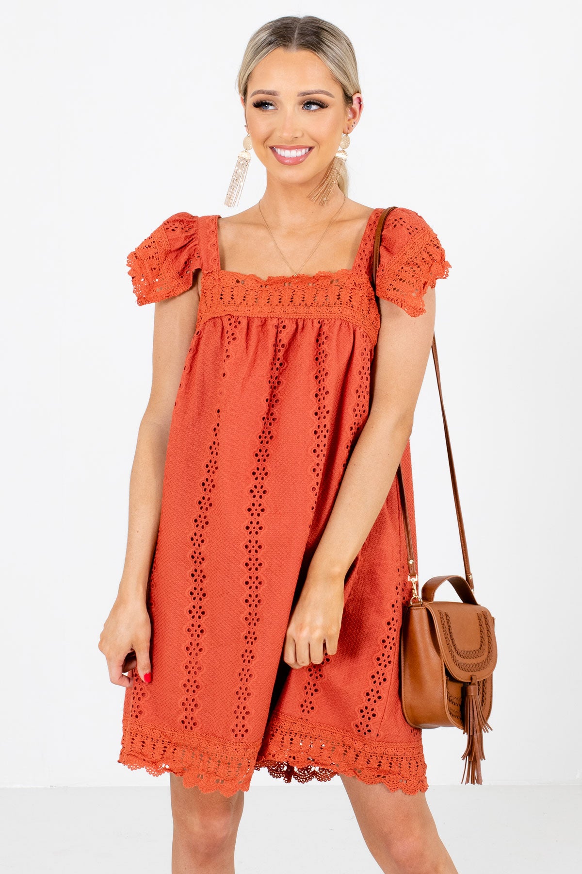Rust Orange High-Quality Eyelet Material Boutique Mini Dresses for Women