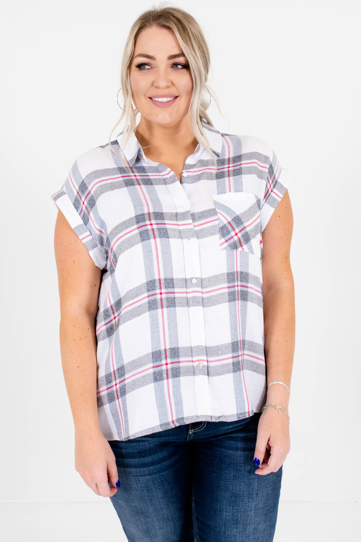 White Gray Red Plaid Plus Size Button-Up Shirts Boutique