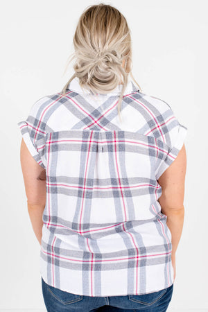 White Red Gray Blue Plaid Button-Up Plus Size Shirts