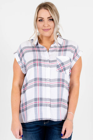White Red Gray Plaid Plus Size Button-Up Shirts for Women