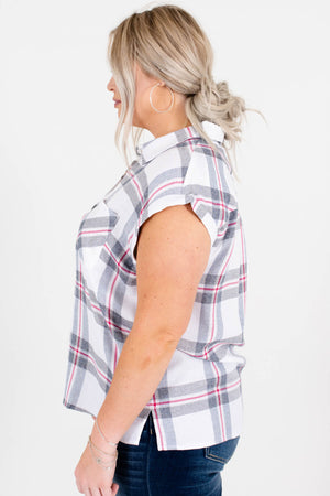 White Gray Red Plaid Button-Up Plus Size Shirts for Women