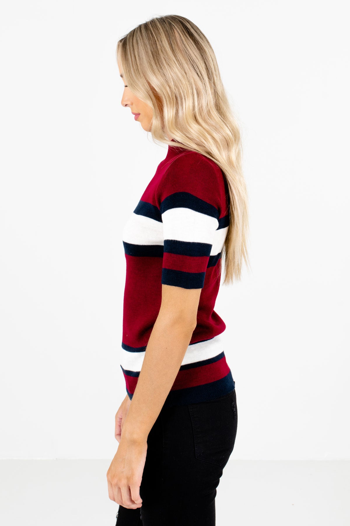 Burgundy High-Quality Knit Material Boutique Tops for Women