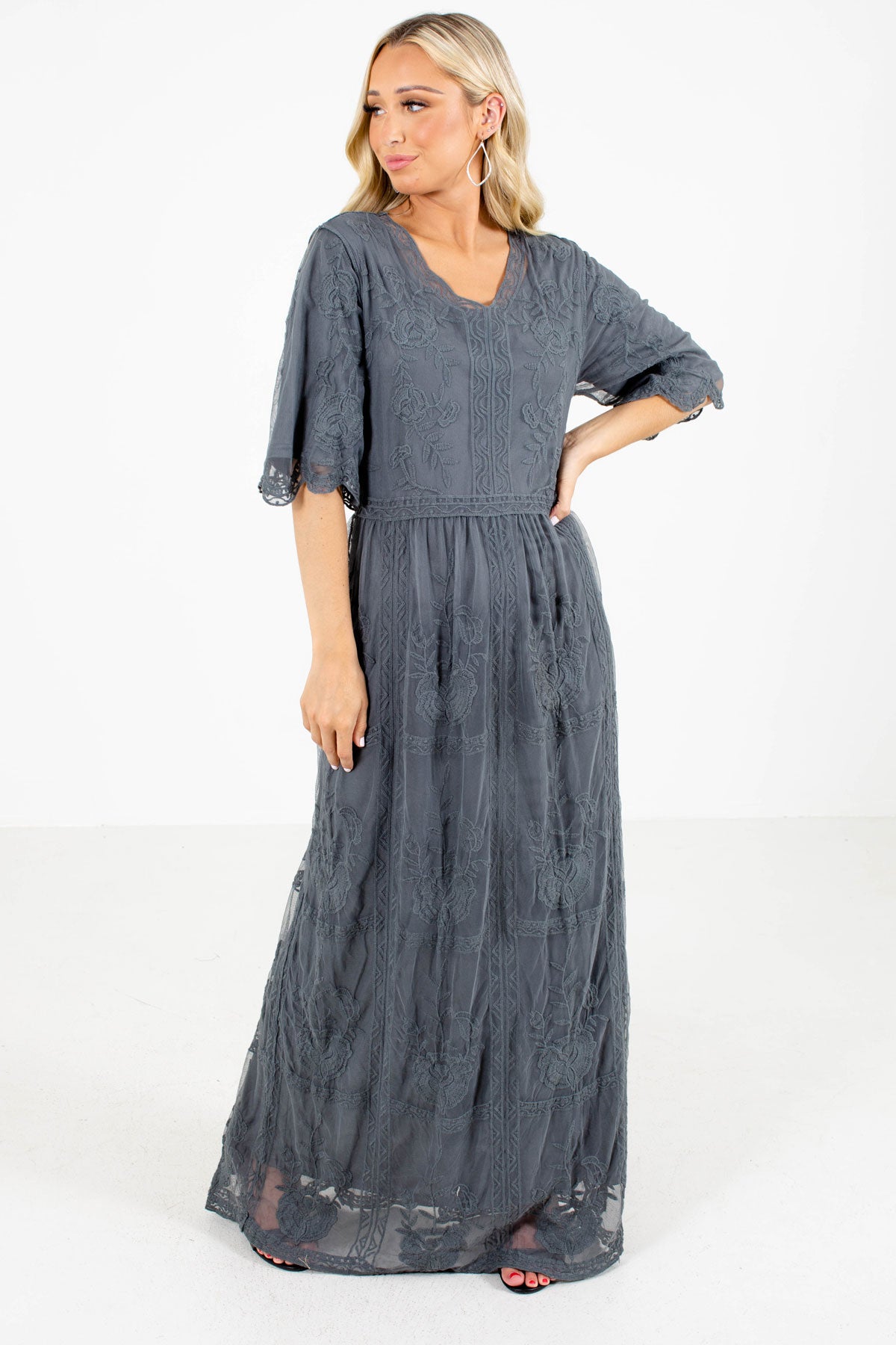 Gray Lace Overlay Boutique Maxi Dresses for Women
