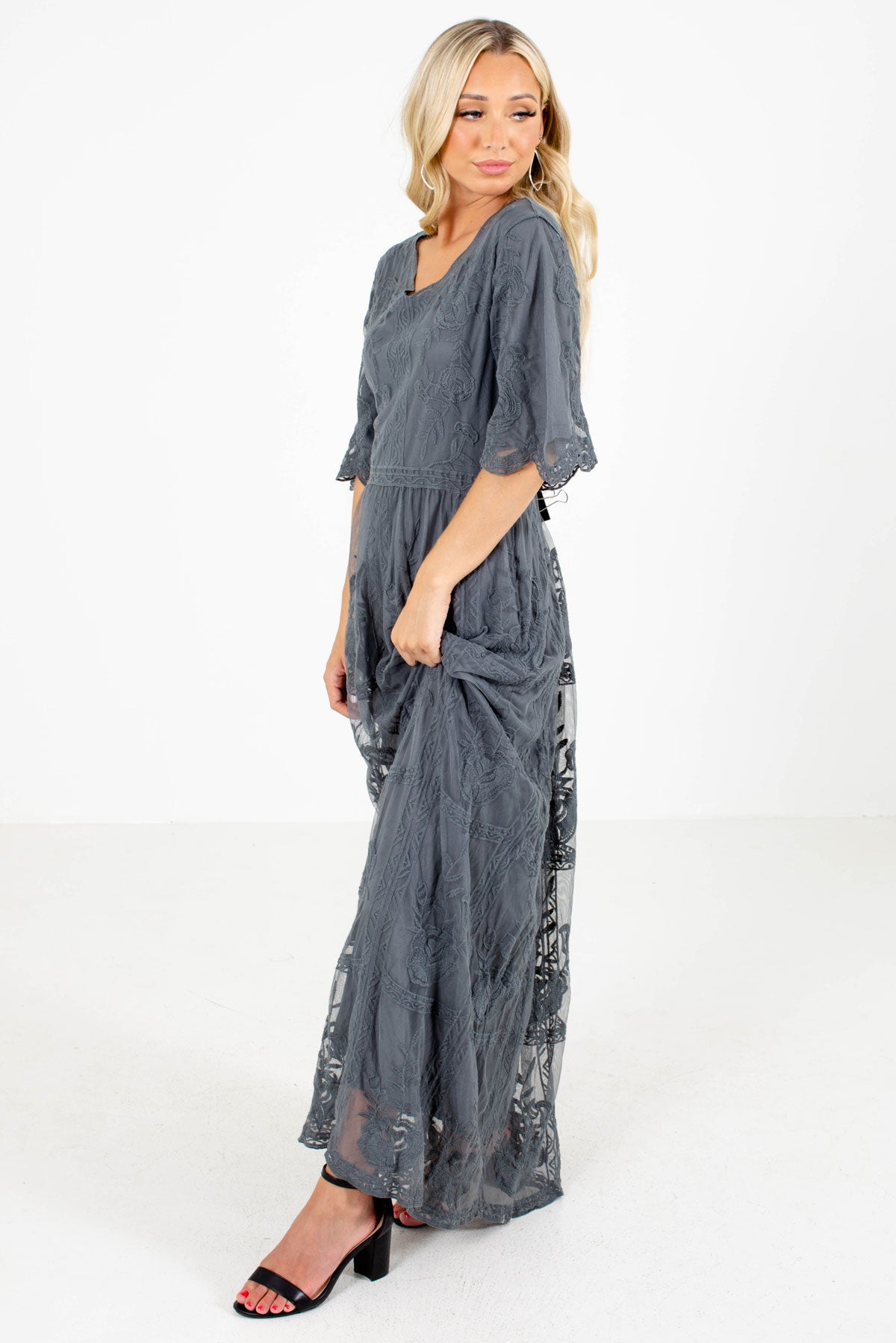 Gray Scalloped Short Sleeve Boutique Maxi Dresses for Women