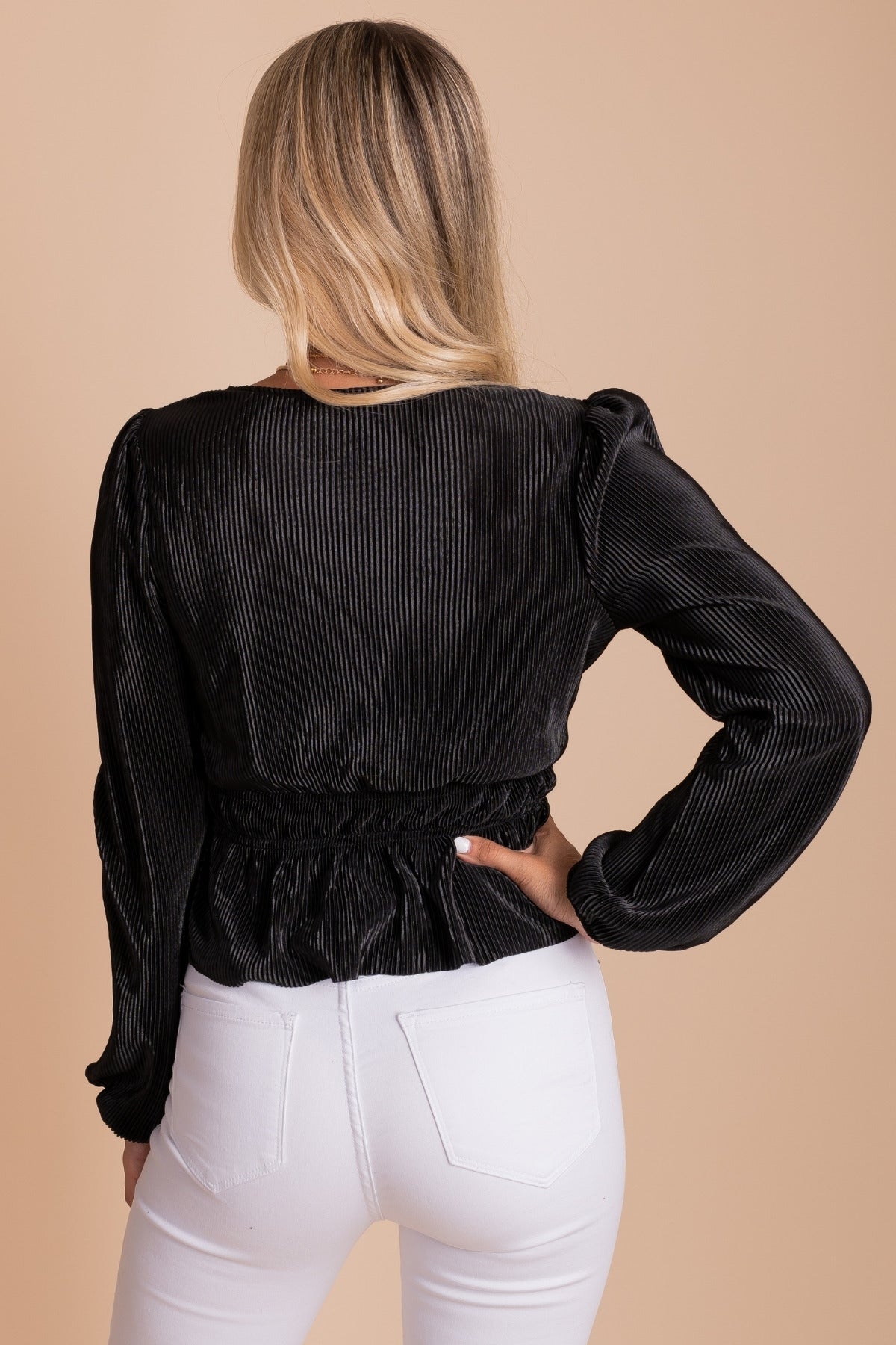 Long Sleeve Ribbed Top in Shimmery Black for Women