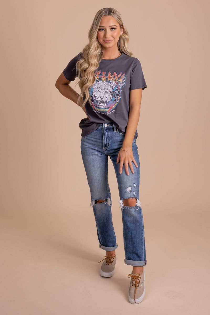 women's trendy band graphic tee with "rock n roll" lettering and leopard graphic
