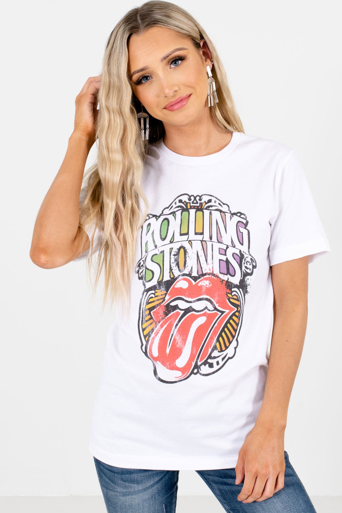 White Rolling Stones Boutique Graphic Tees for Women