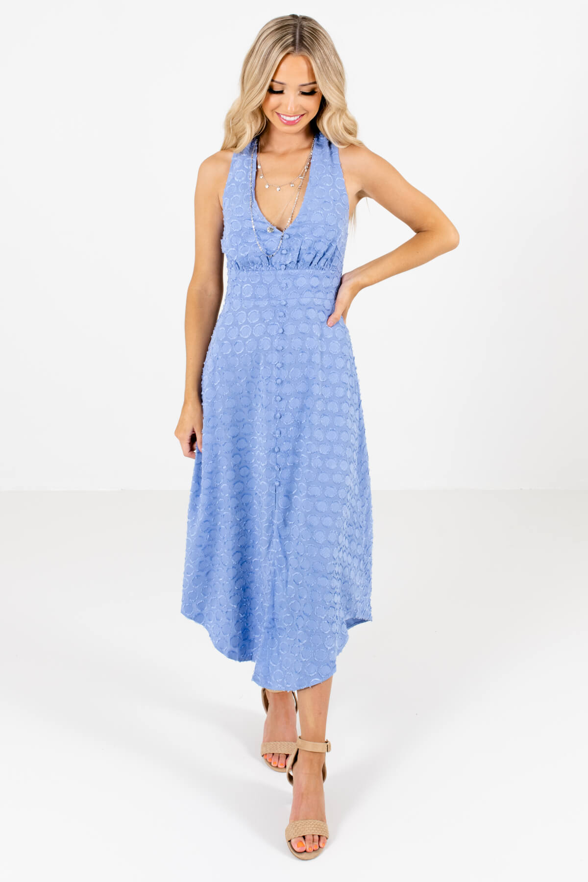 Light Blue Textured Material Boutique Midi Dresses for Women
