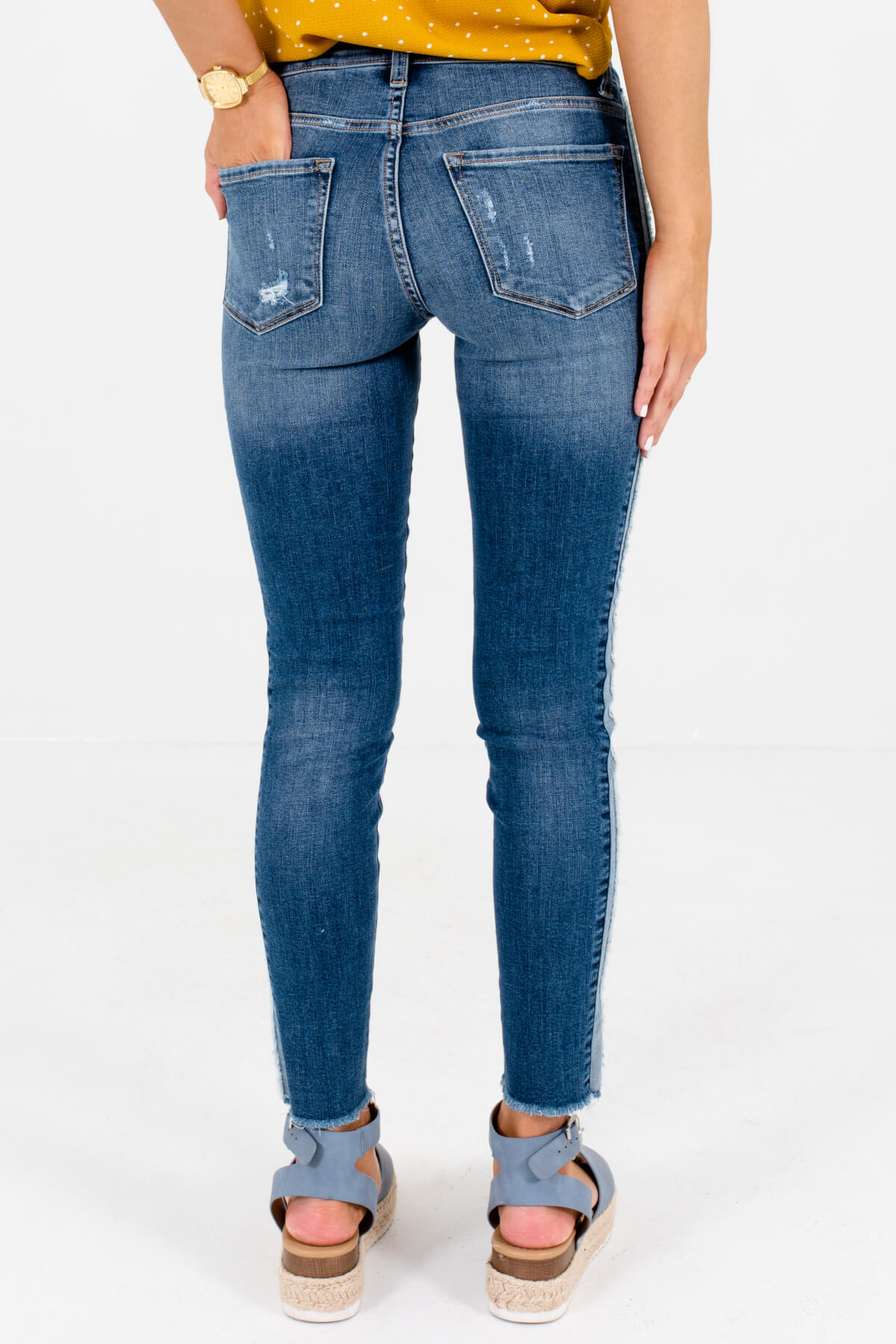 Women's Medium Wash Blue Denim Frayed Hem Boutique Jeans