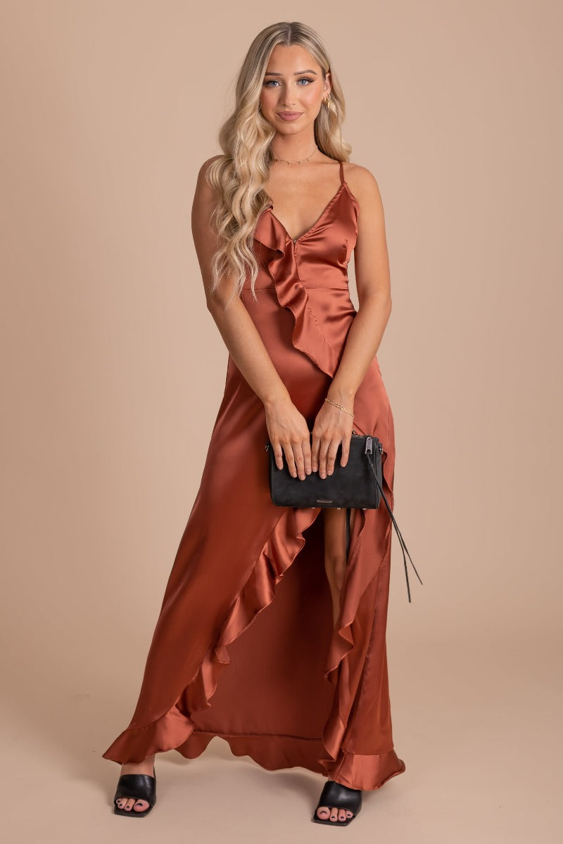 ruffled maxi dress with thigh slit in dark red