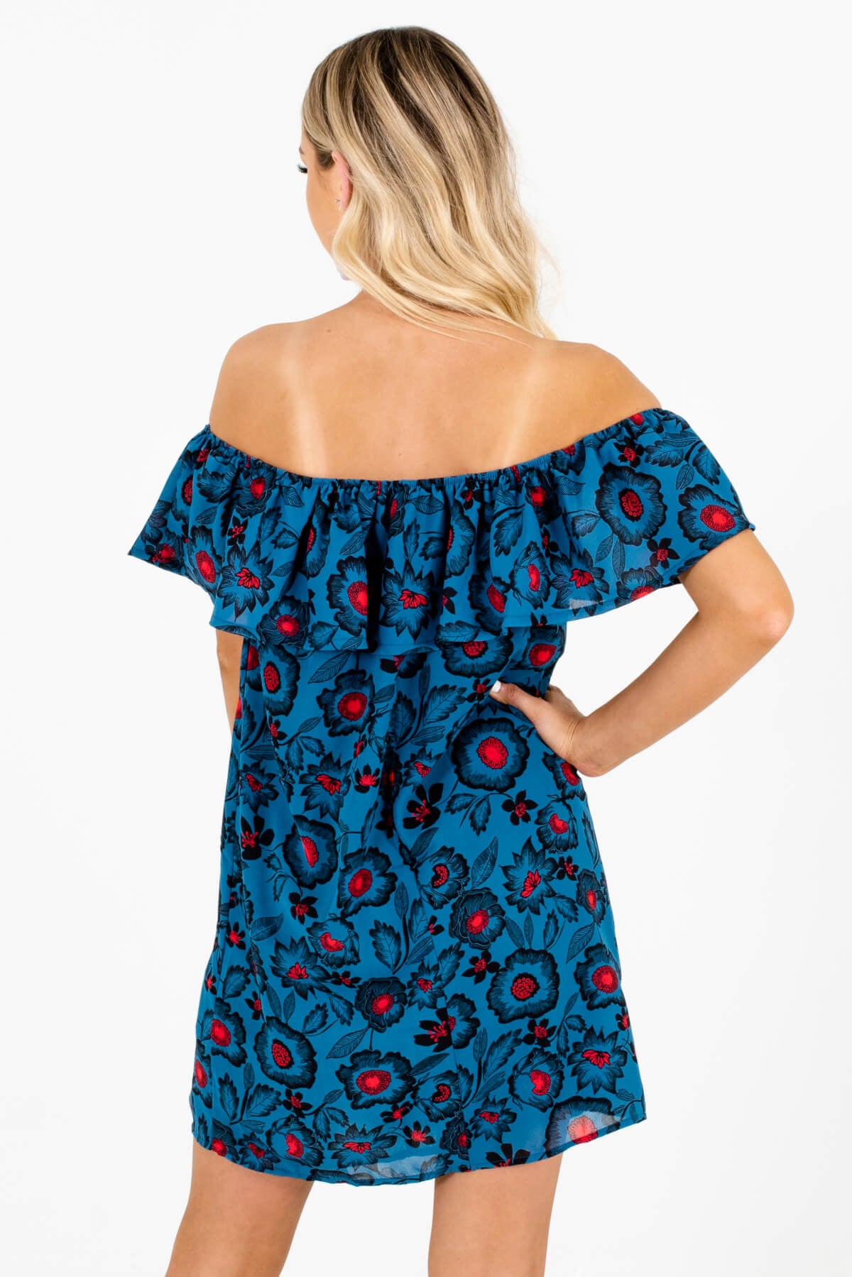 Women's Teal Blue Ruffle Overlay Boutique Mini Dress