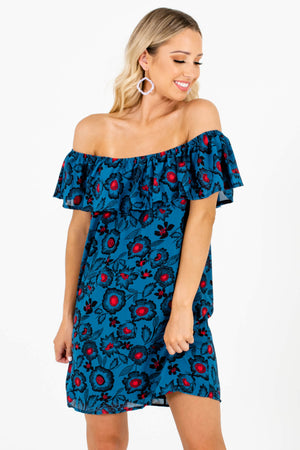 Teal Blue Floral Off Shoulder Style Boutique Mini Dresses for Women