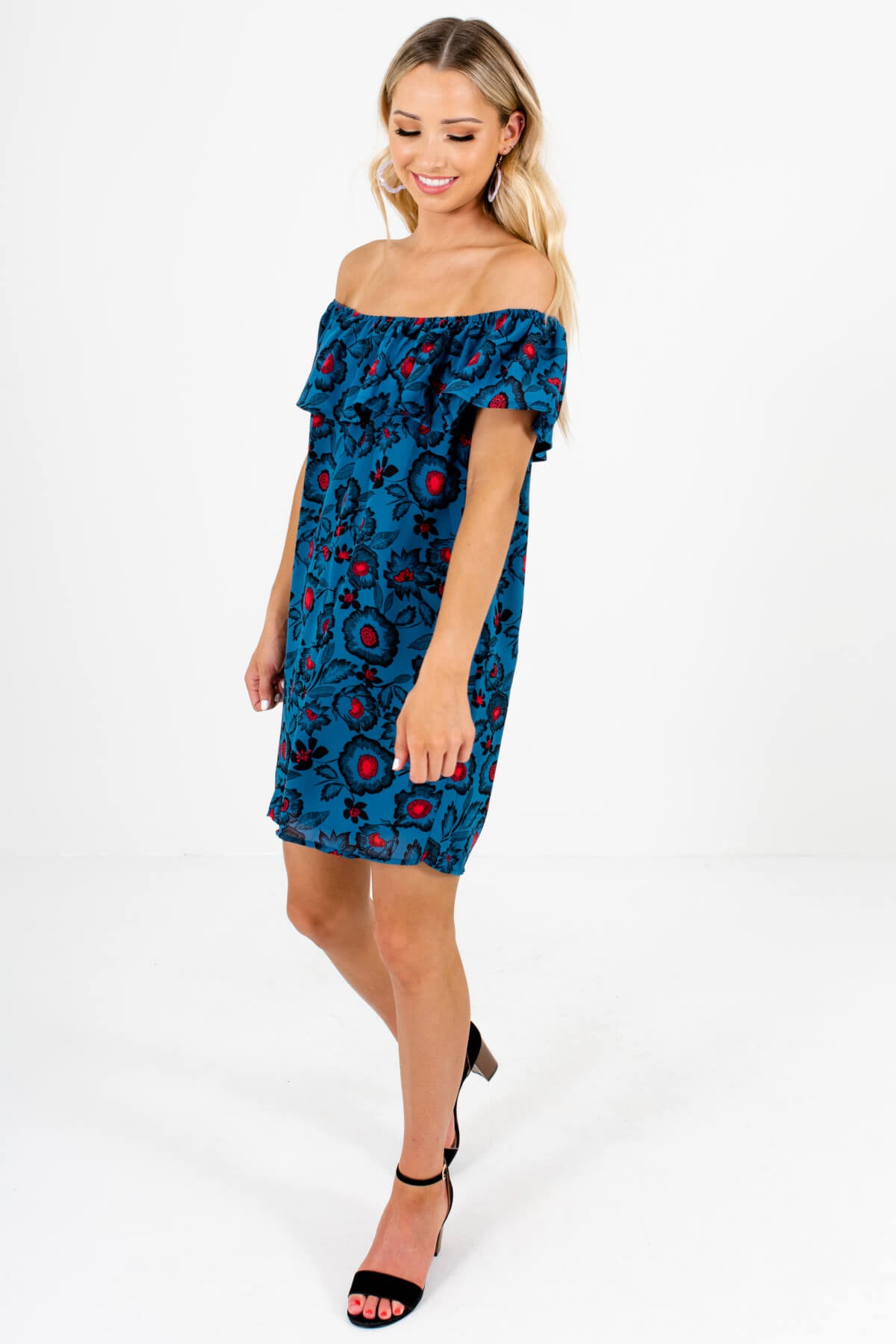 Teal Blue Floral Cute and Comfortable Boutique Mini Dresses for Women