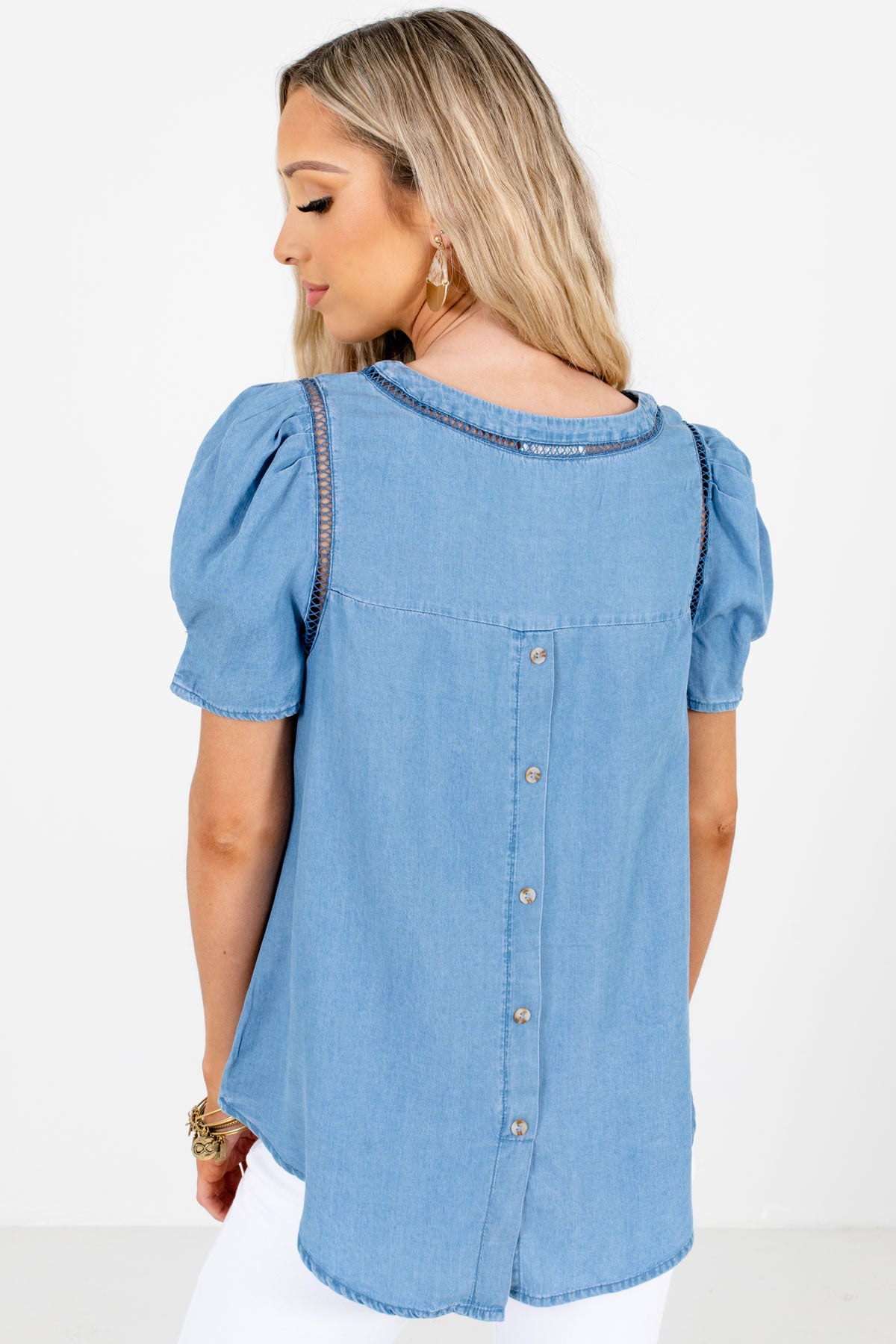 Women's Blue Decorative Button Boutique Blouse