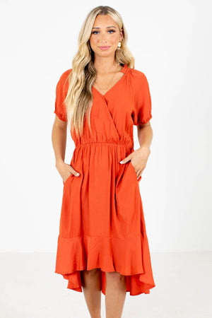Orange Faux Wrap Style Boutique Knee-Length Dresses for Women