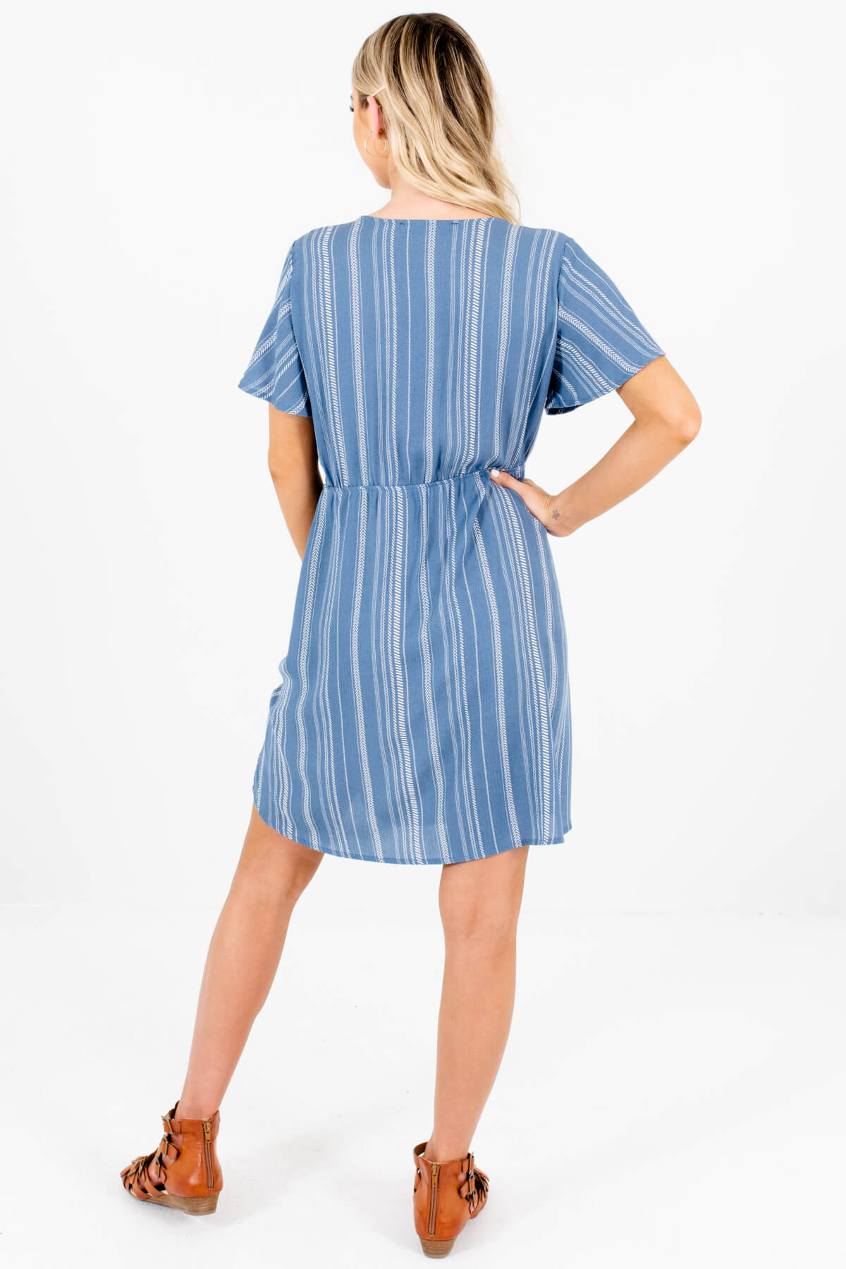 Blue White Patterned Tie Front Mini Dresses Affordable Online Boutique