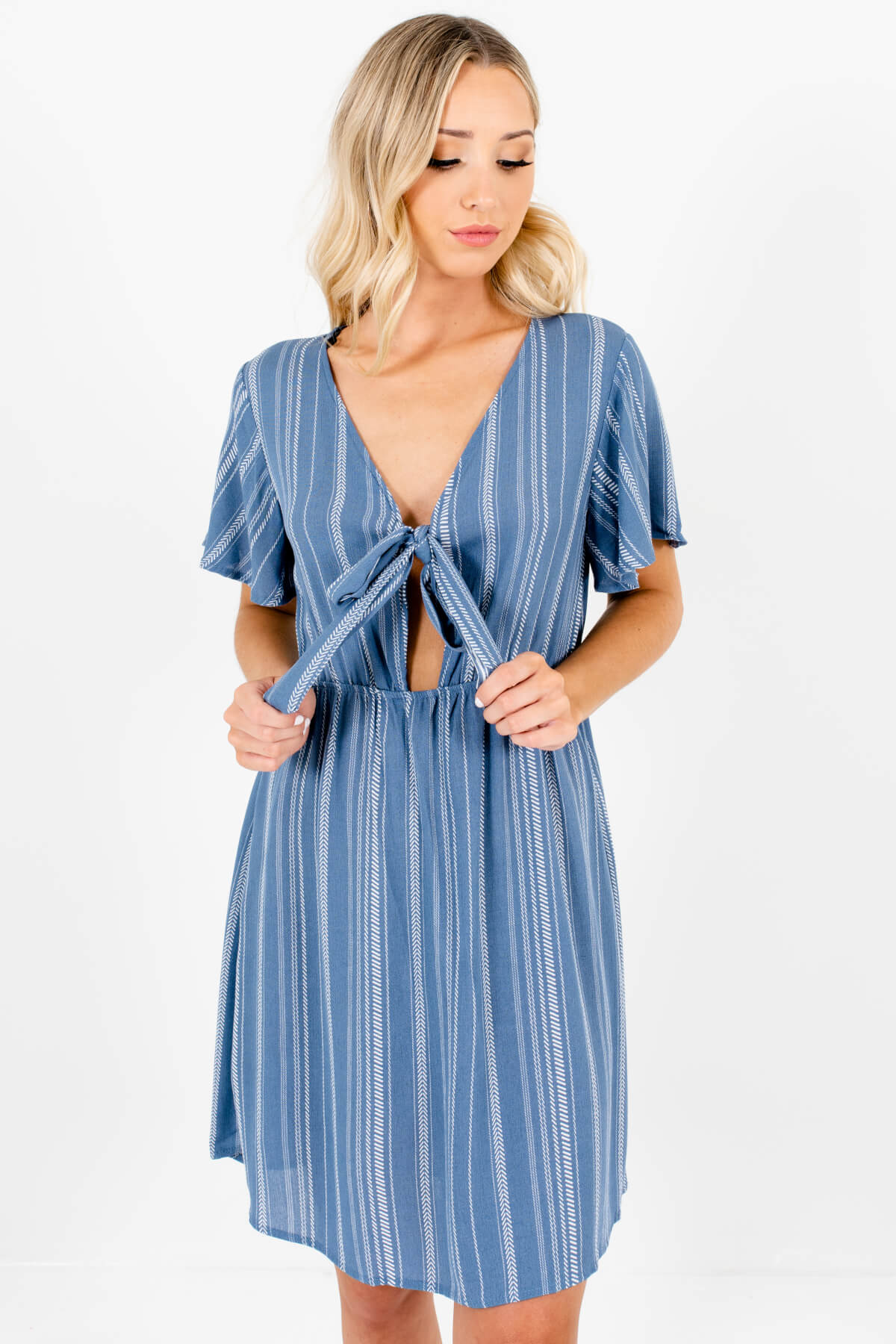 Blue Geometric Stripe Pattern Tie-Front Mini Dresses for Women