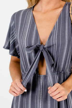 Gray White Stripe Pattern Tie Front Mini Dresses Affordable Online Boutique