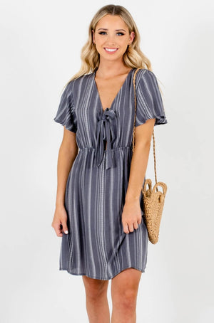Gray White Geometric Stripe Tie Front Mini Dresses for Women