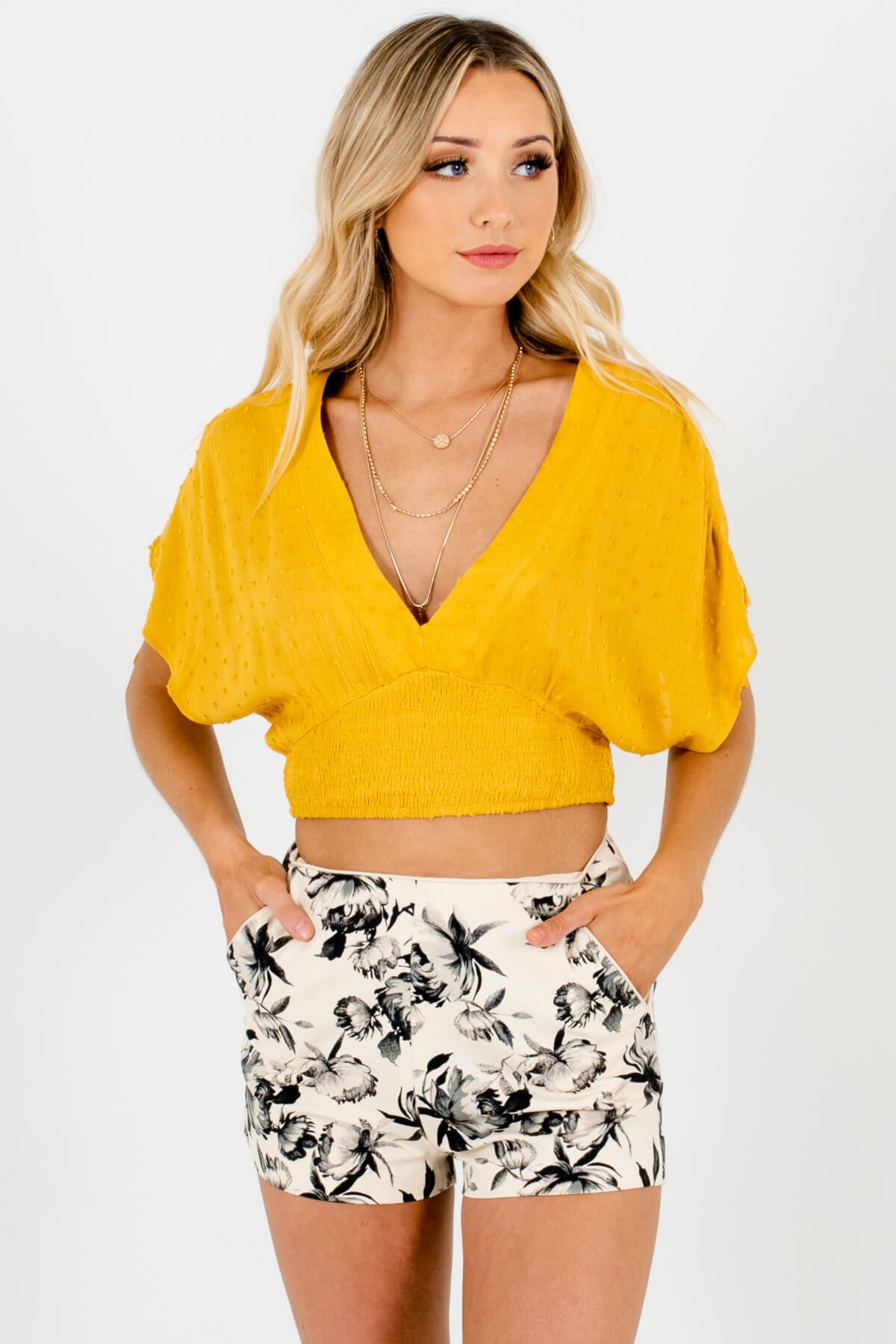 Mustard Yellow Drawstring Sleeve Boutique Crop Tops for Women