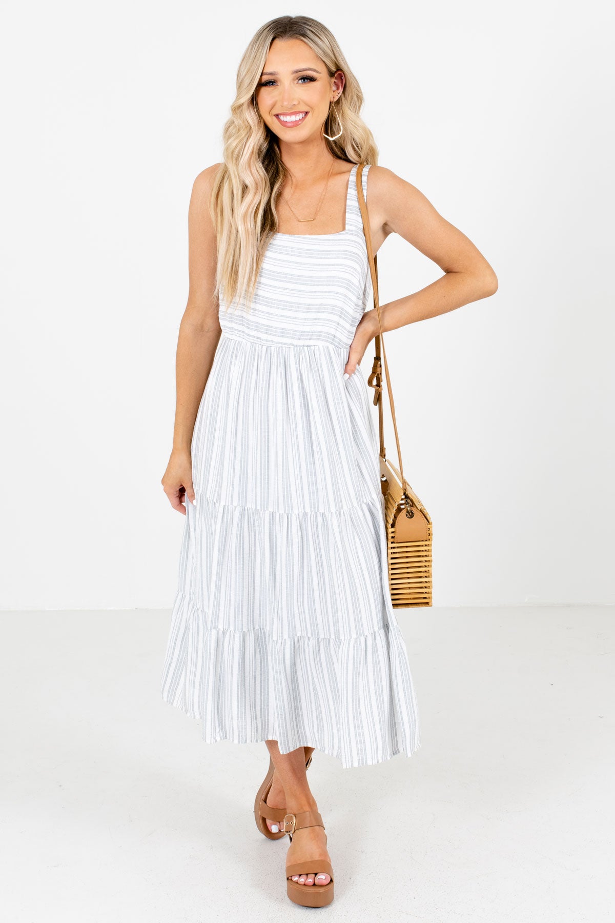 Blue and White Striped Patterned Boutique Midi Dresses for Women