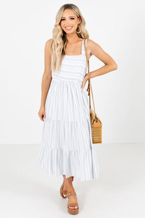 Blue and White Striped Patterned Boutique Midi Dresses for Women