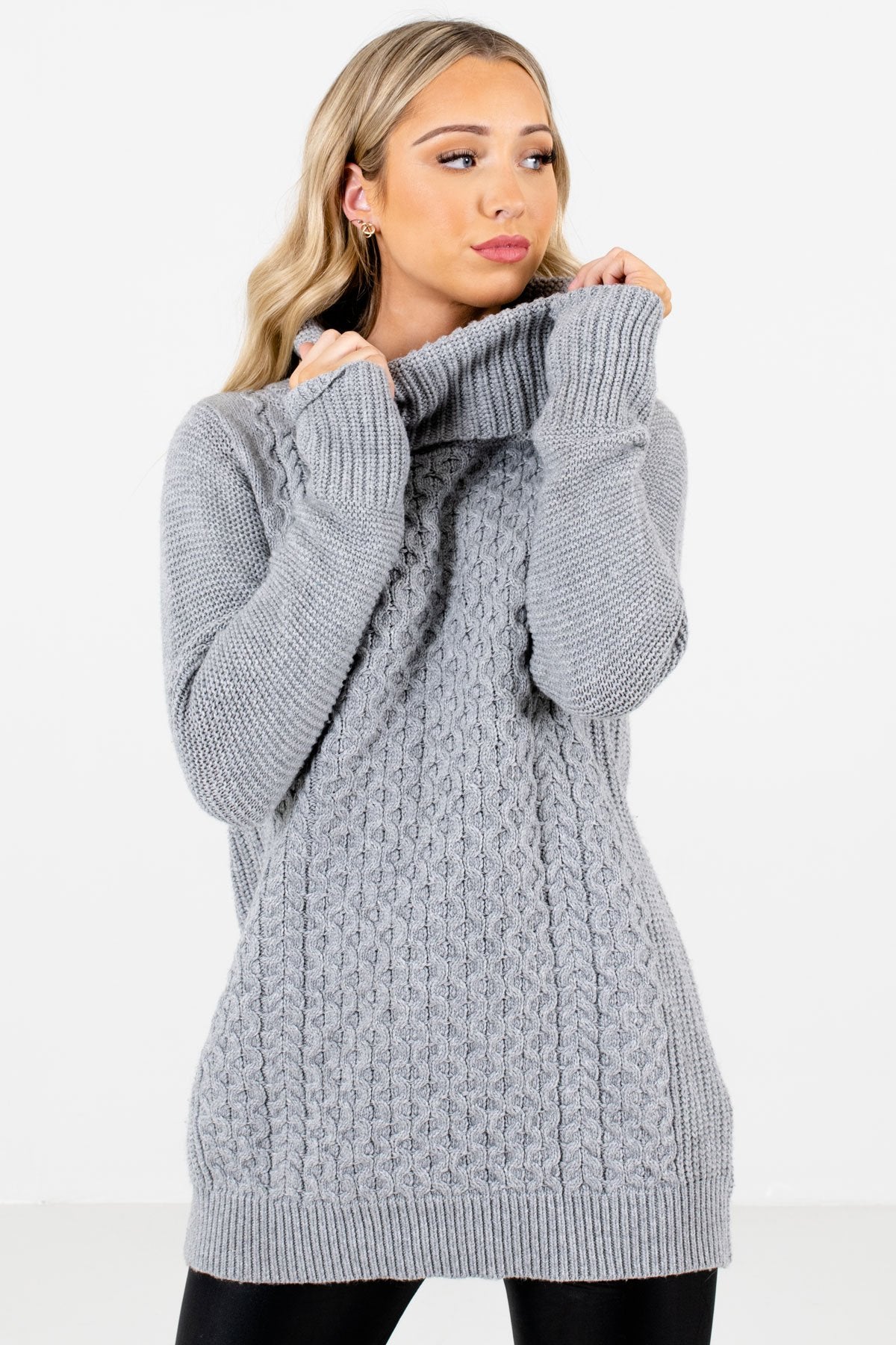 Women's Gray Cable Knit Patterned Boutique Sweater