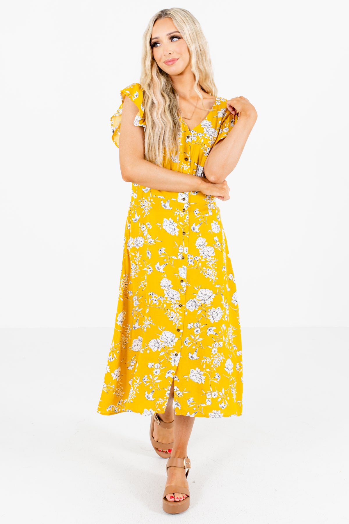 Season of Sunshine Yellow Floral Midi Dress | Boutique Midi Dress