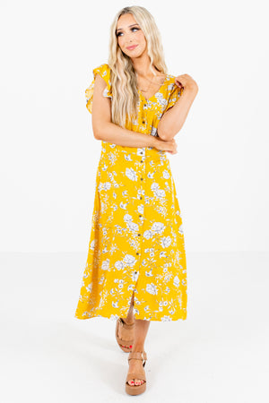 Women's Yellow Floral Patterned Boutique Midi Dress