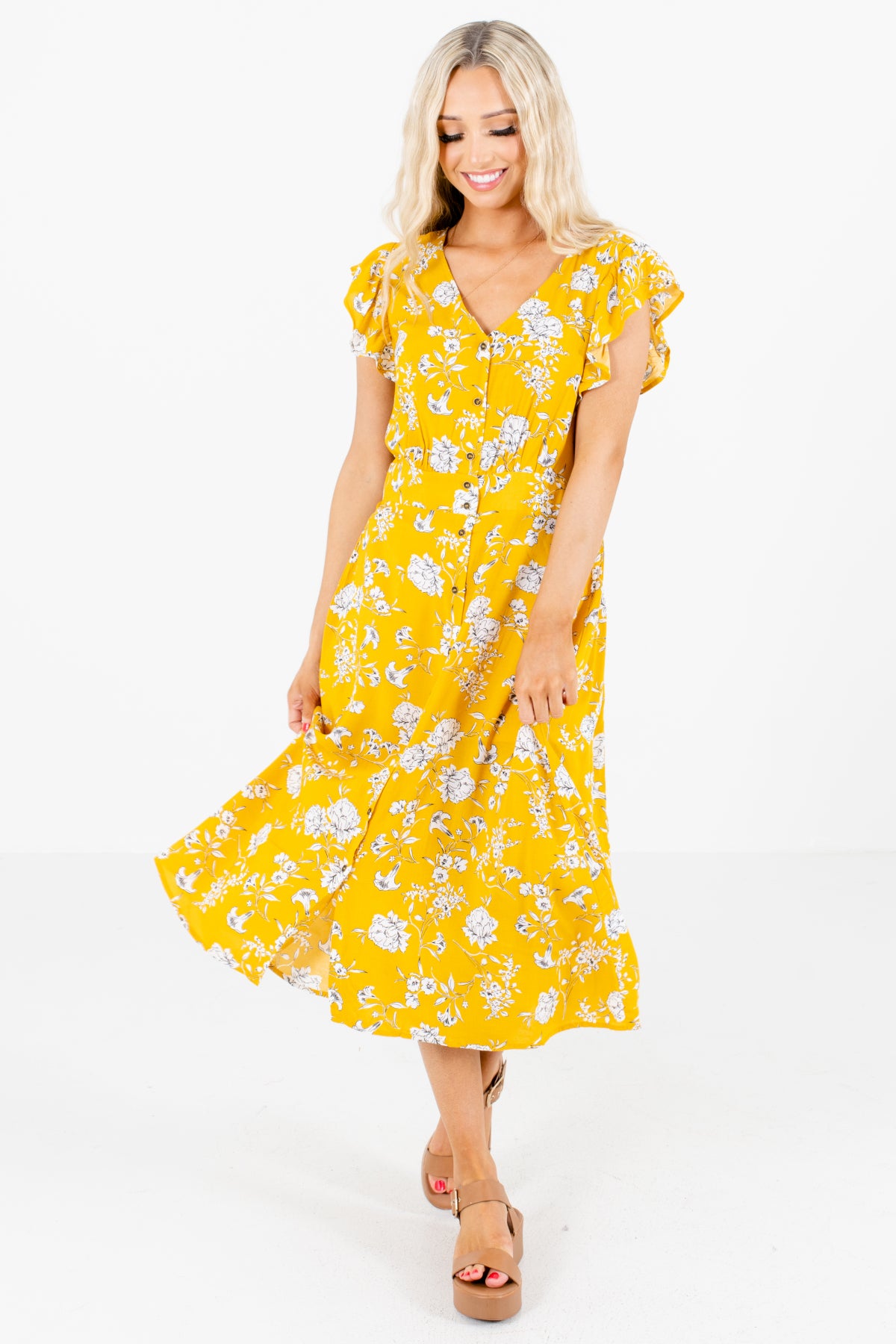Yellow Button-Up Front Boutique Midi Dresses for Women