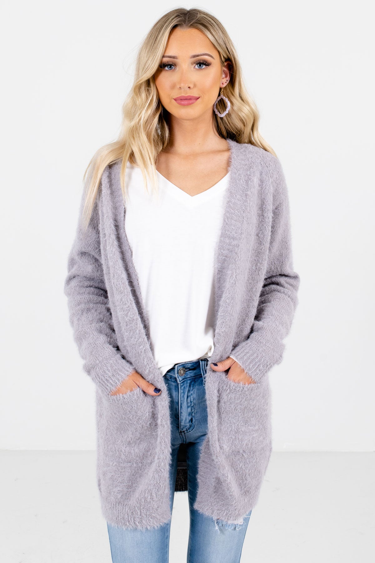 Light Gray High-Quality Fuzzy Knit Material Boutique Cardigans for Women