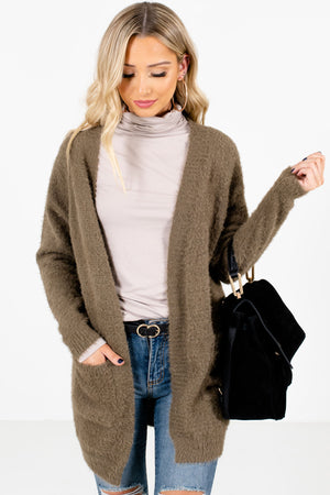 Olive Green High-Quality Fuzzy knit Material Boutique Cardigans for Women