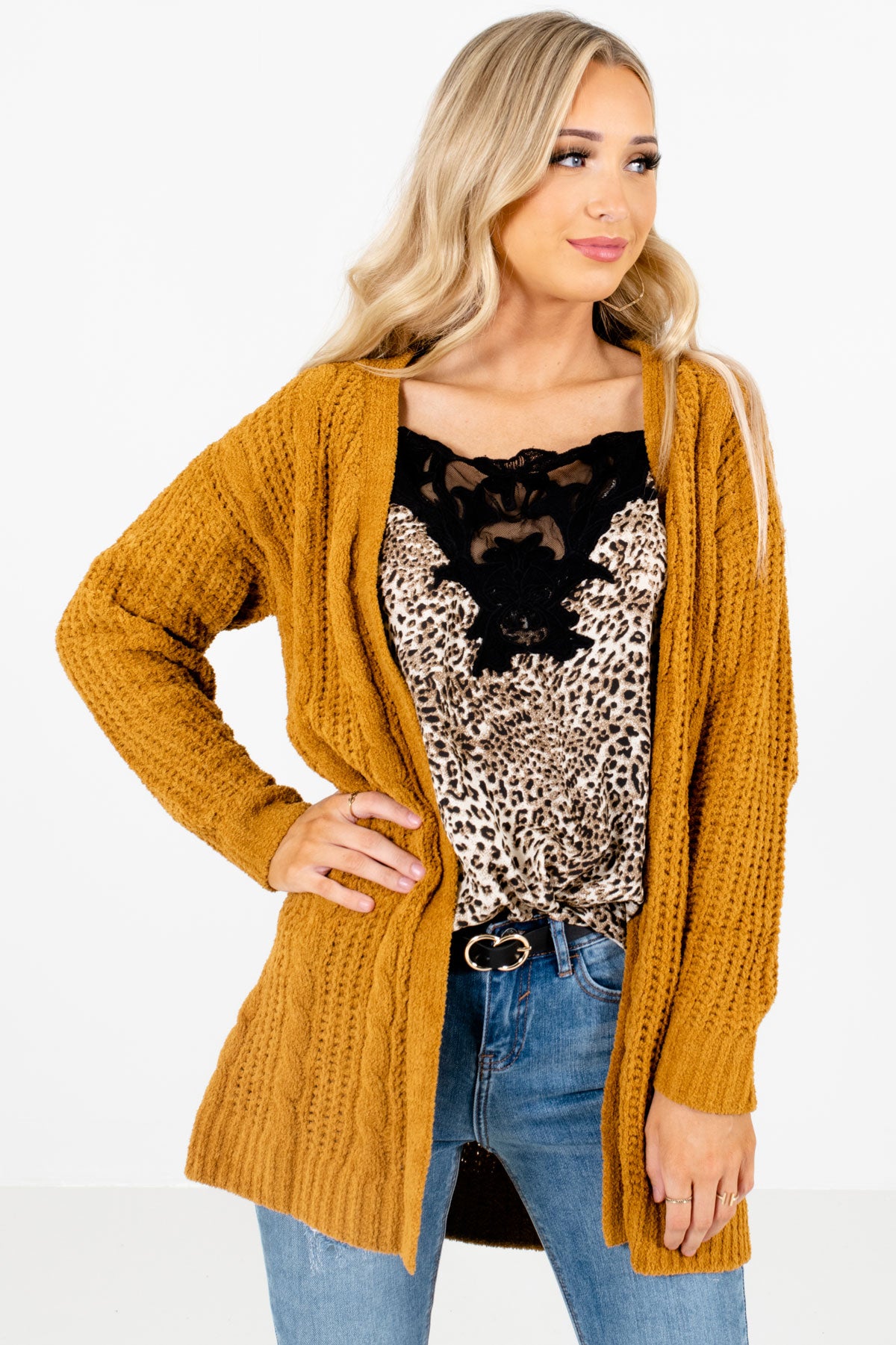 Mustard Yellow High-Quality Knit Material Boutique Cardigans for Women