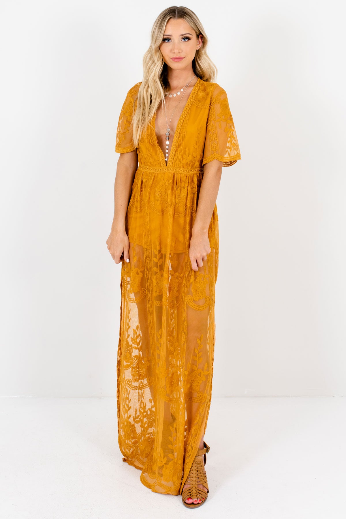 Mustard Yellow Lace Floral Romper Lining  Maxi Dresses for Women