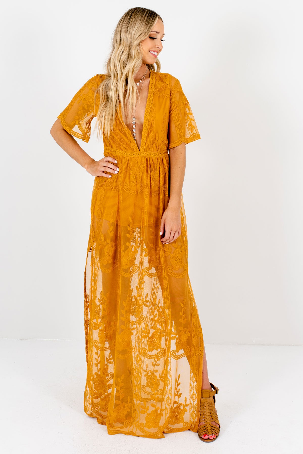 Mustard Yellow Floral Crochet Lace Overlay Maxi Length Romper Dresses