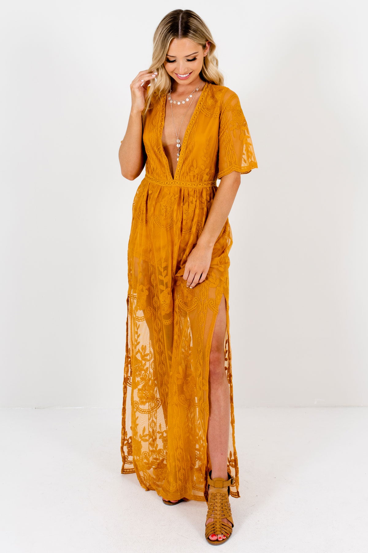 Mustard Yellow Lace V Neckline Romper Dresses Affordable Online Boutique
