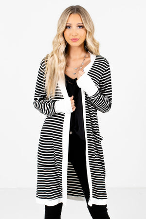 Black and White Striped Pattern Boutique Cardigans for Women