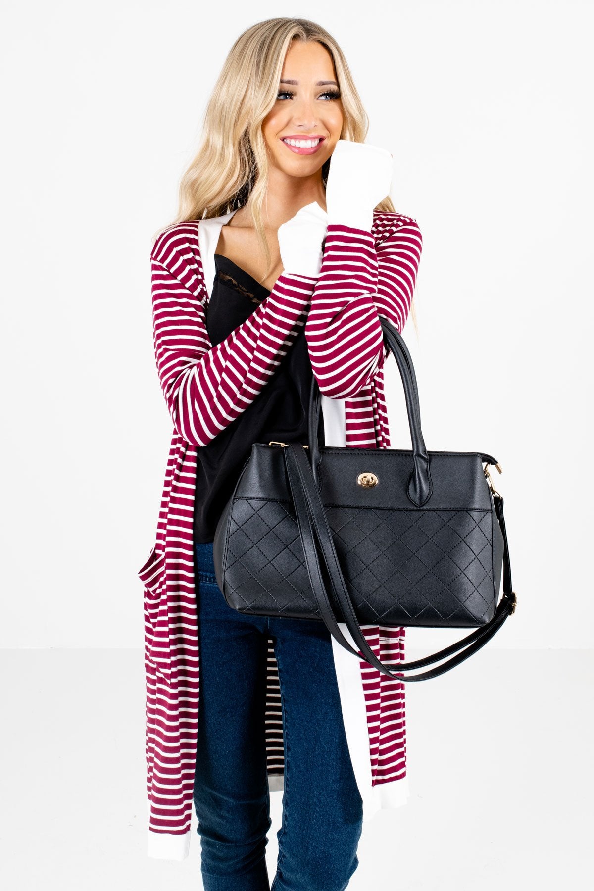 Burgundy and White Striped Pattern Boutique Cardigans for Women