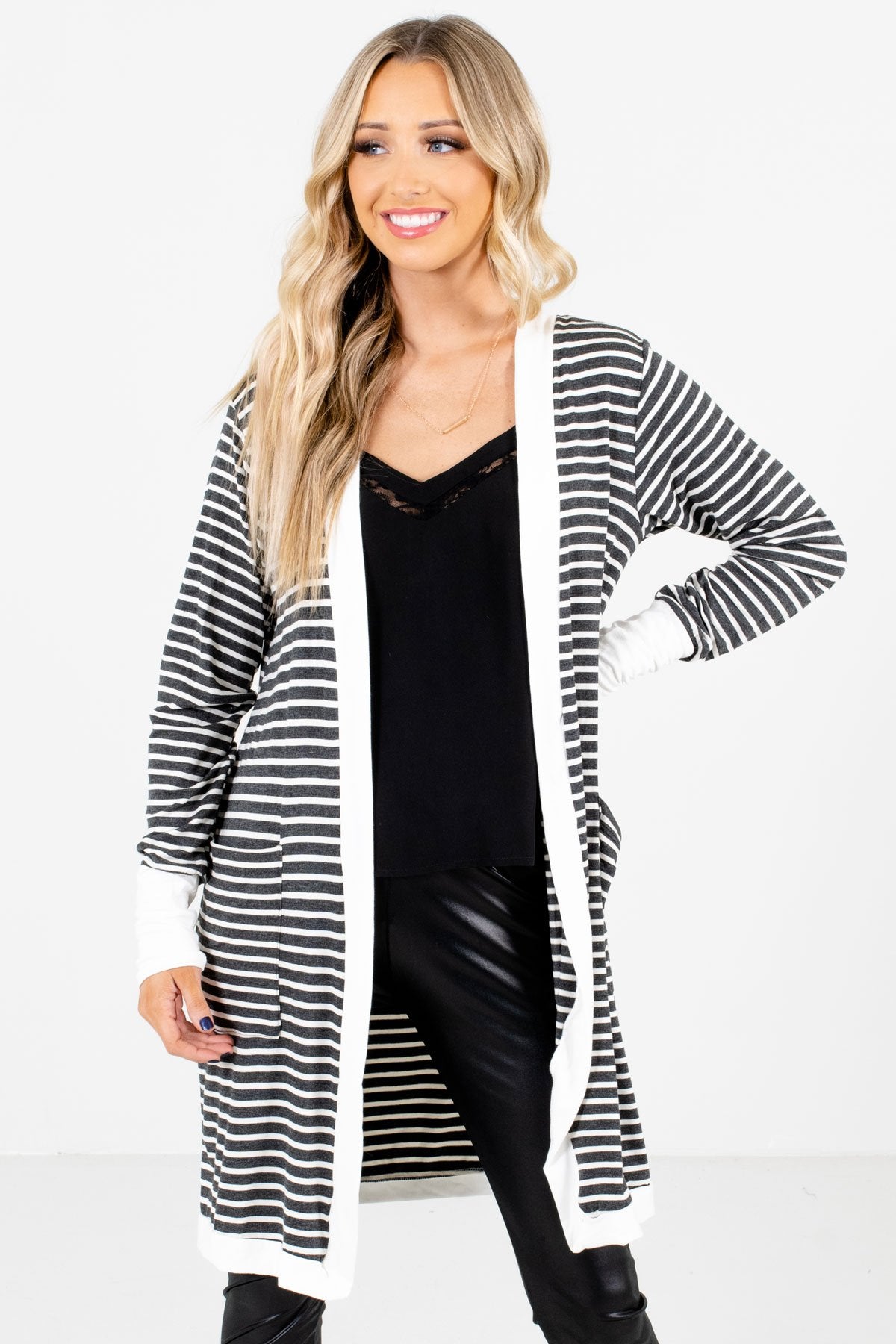 Gray and White Striped Pattern Boutique Cardigans for Women