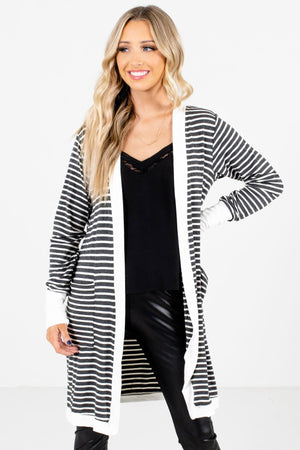 Gray and White Striped Pattern Boutique Cardigans for Women