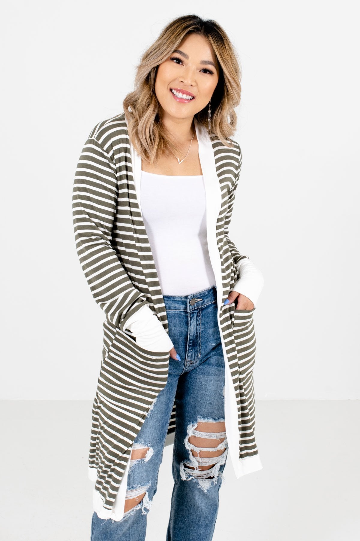 Olive and White Striped Pattern Boutique Cardigans for Women